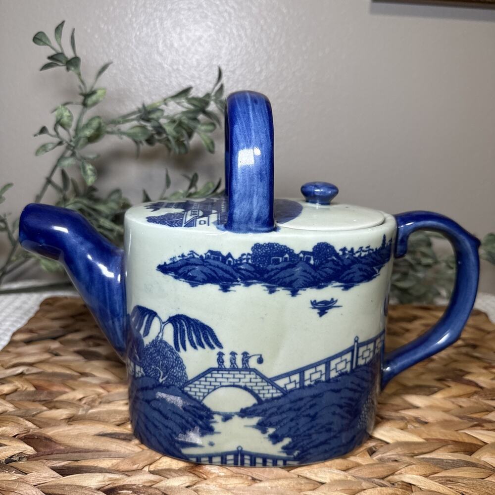 Victoria Blue White Ironstone Teapot Chinoiserie Landscape Handle 10.5” Vintage